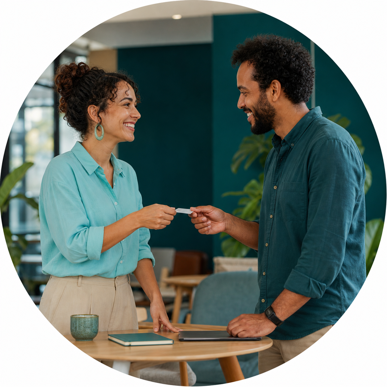 Pessoas iniciando uma conversa em um ambiente de inovação